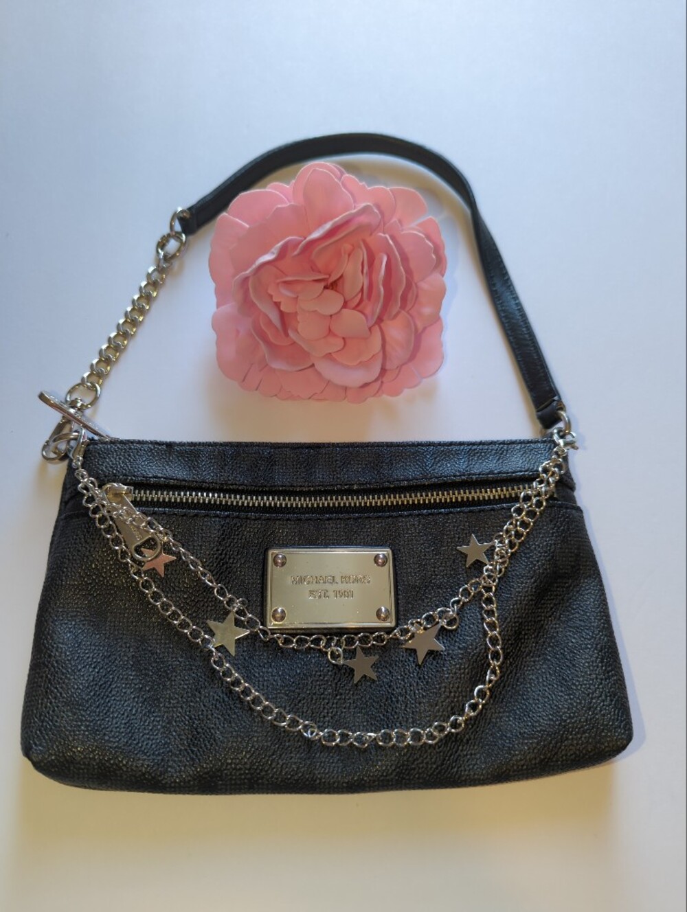 Michael Kors Black Leather Wristlet Converted Shoulder Bag Star Charm Chains